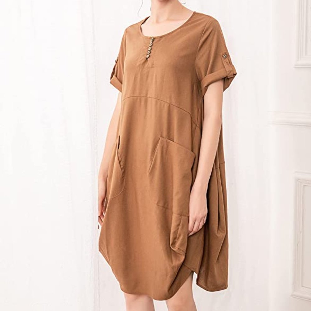 Minibee Oversized Boho Linen Dress in Terracotta/Brown